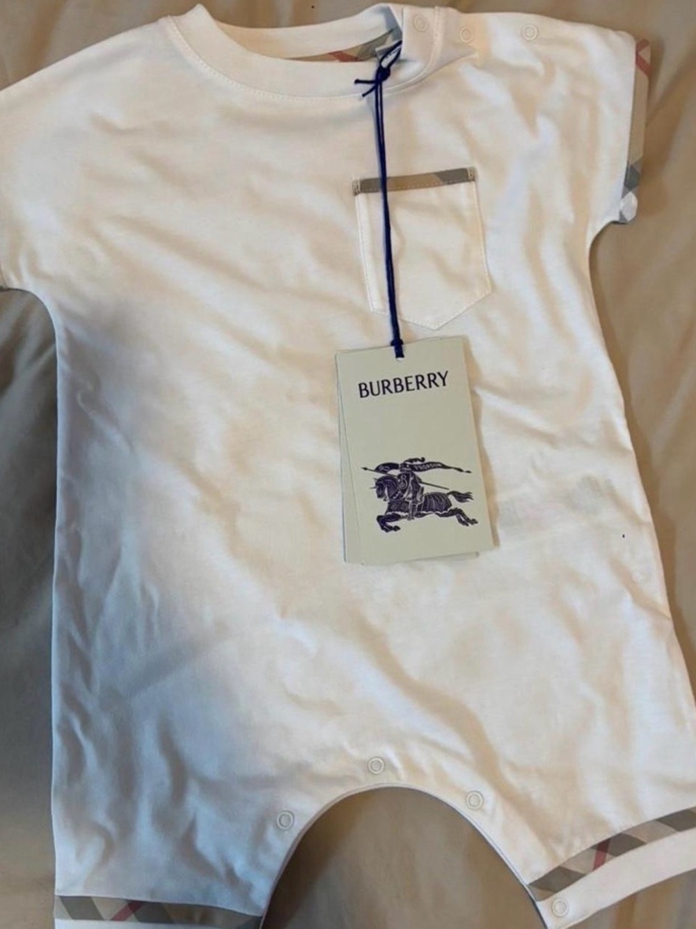 Burberry White Baby One-Piece with Haymarket Trim